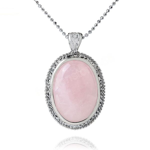

oval natural stone pendant necklace chain cabochon pink quartz crystal bead pendants for women girl cute charm jewelry, Silver