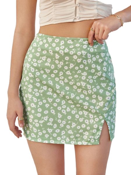 

high waist allover floral print split hem skirt z6tk#, Black