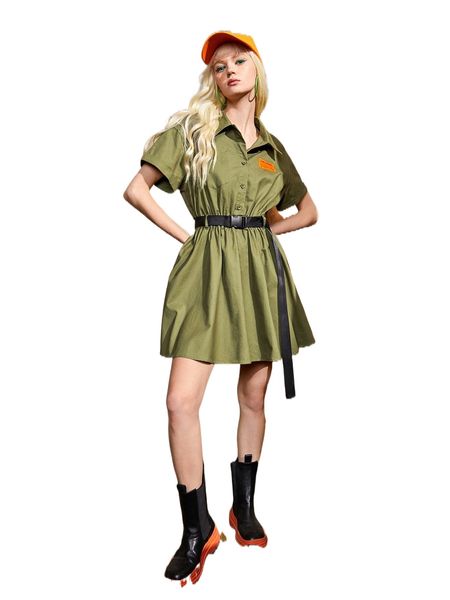 

letter patch button front buckle belted dress z4xl#, Black;gray