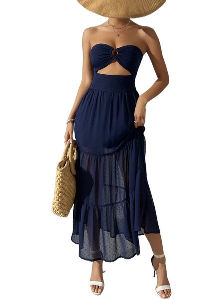 

peekaboo o-ring ruched front ruffle hem swiss dot tube dress h0at#, Black;gray