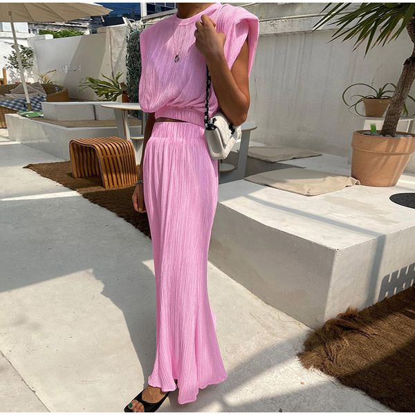 

women's tracksuits summer pleated pink skirt sets women 2 pieces shoulder pads tank elastic waist long skirts outfits elegant set, Gray