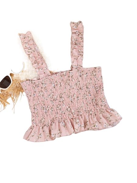 

floral print shirred ruffle hem crop tank d7pk#, White