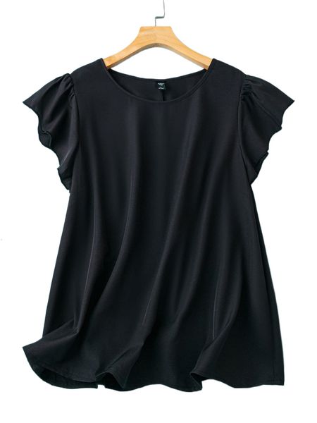 

plus ruffle sleeve solid blouse r59y#, Black
