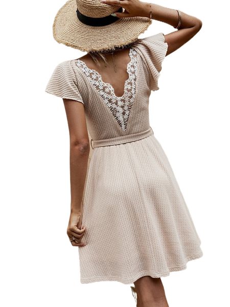 

contrast guipure lace butterfly sleeve belted dress j6em#, Black;gray