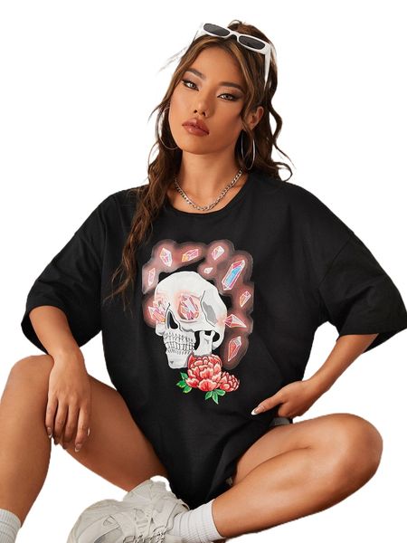 

x safe in venus skull & floral print drop shoulder tee w5pz#, White