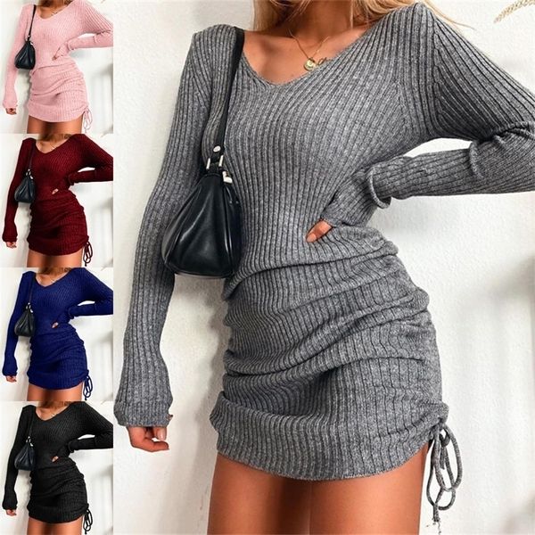 

women's dress knitted drawstring mini autumn winter elegant fashion v-neck long sleeve bodycon party es female 220330, Black;gray