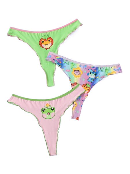 

romwe anime 3pack cartoon frog graphic lettuce trim panty set g0ru#, Black;red