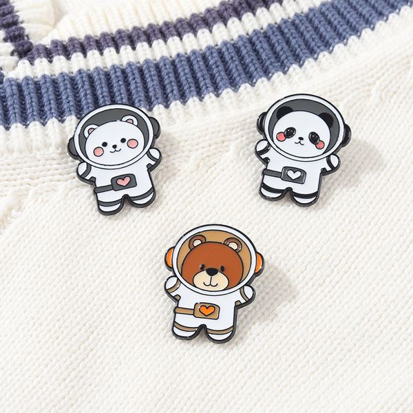 

cute bear panda wear space suit shaped clothes brooches pins children cartoon alloy animal spaceman collar pins heart astronaut sweater back, Gray