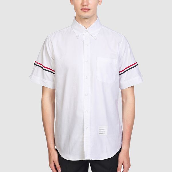 

2022 summer men's causal shirts trend fashion design short sleeve classic style cuff rwb stripes cotton oxford loose business male soci, White;black
