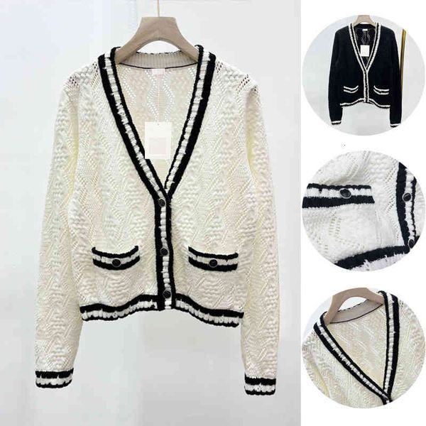 

women's sweaters spring high edition small fragrant wind wool black and white single breasted knitted cardigan v-neck broken hole diamo, White;black