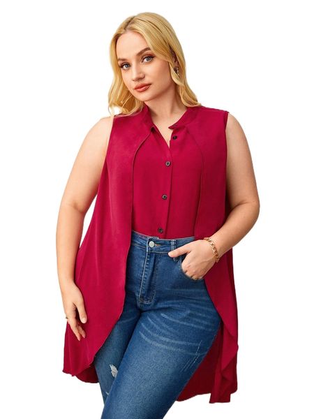 

plus high low hem sleeveless blouse t0ip#, Black