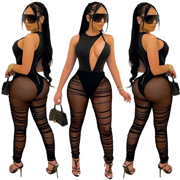 Macacões de macacão plus size para mulheres sem mangas veja através da cor preta Sexy V Neck Clubwear Hollow Out Bodycon Jumpsuits Bodysuits Party PL PL