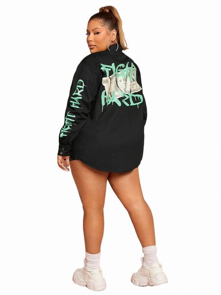 

sxy plus letter & dollar print drop shoulder coat b6yd#, Black