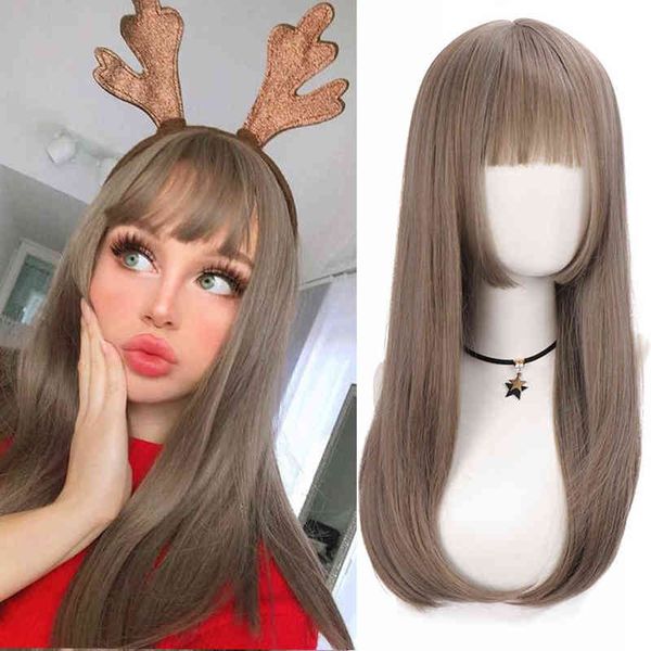 

pink long straight hair synthetic wig female cosplay lolita bangs 220622, Black