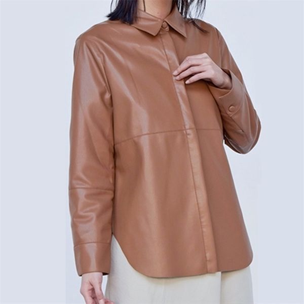 

three color new women casual leather coat shirt jacket ladies outwear female clothes t200811, Black