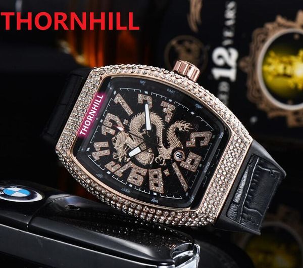 Relogio Masculino Herren-Armbanduhr mit drei Stiften, Diamanten, Drachen, 43 mm, echtes Leder, Quarz, Top-Qualität, Armbanduhr, Stoppuhr, lässige Uhr nach Wahl des Modestars