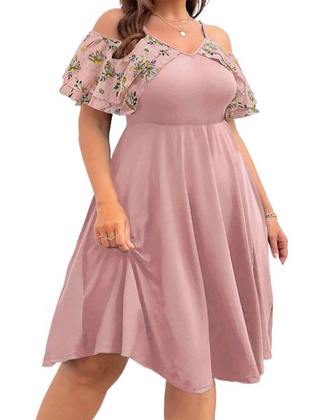 

plus floral cold shoulder a-line dress e54m#, Black