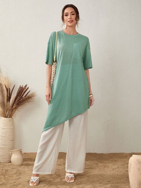 

drop shoulder patch pocket asymmetrical hem longline tee y0zp#, White