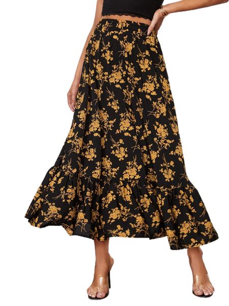 

tall allover floral print ruffle hem skirt x2sh#, Black