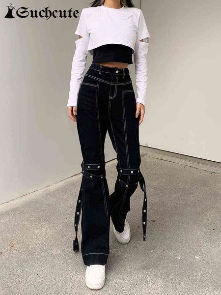 

women's jeans suchcute gothic bandage cargo jeans harajuku low waist women denim trousers grunge fairycore casual streetwear black bagg, Blue