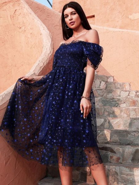 

off shoulder shirred star mesh dress i9j5#, Black;gray