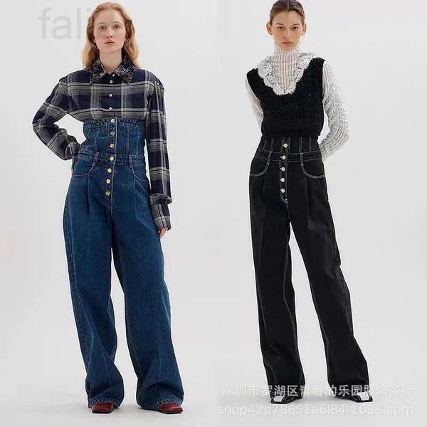 

women's jeans designer zui high version] enk cuffed waist jeans women's 2021 autumn and winter new loose straight pants, Blue