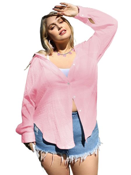 

plus drop shoulder button front shirt without camisole 73fd#, Black