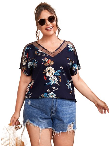

plus floral print contrast mesh blouse k9ci#, Black