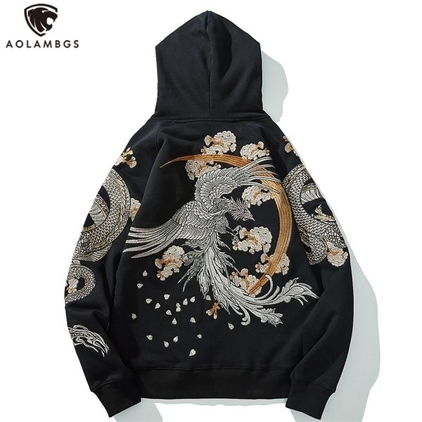 

aolamegs men's fleece hoodies japanese hooded sweatshirt dragon phoenix embroidery autumn retro casual pullover high street 220402, Black