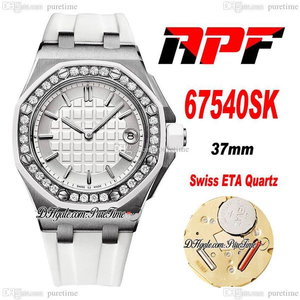 APF 6754 Swiss ETA Orologio da donna al quarzo da donna Cassa in acciaio da 37 mm Lunetta con diamanti completamente pavimentati Quadrante testurizzato bianco Indicatori di bastoncini Cinturino in gomma Super Edition Puretime A1