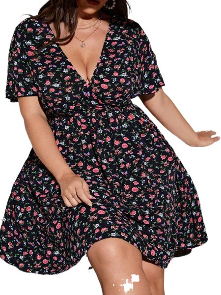 

plus floral print plunging neck butterfly sleeve dress p0do#, Black