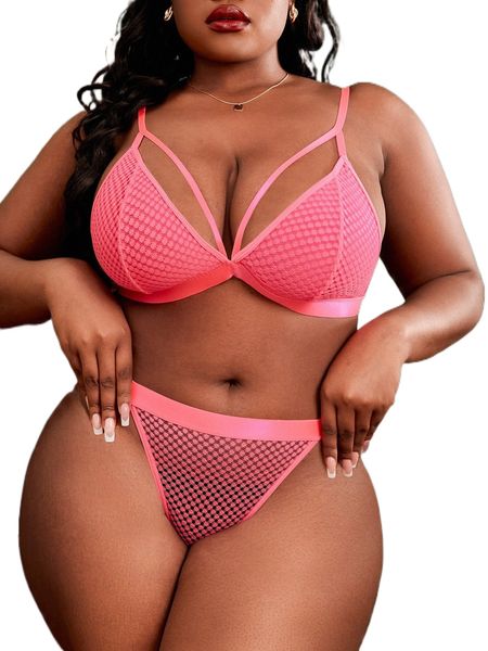 

plus neon pink lace cut out lingerie set c8hp#, Black;white