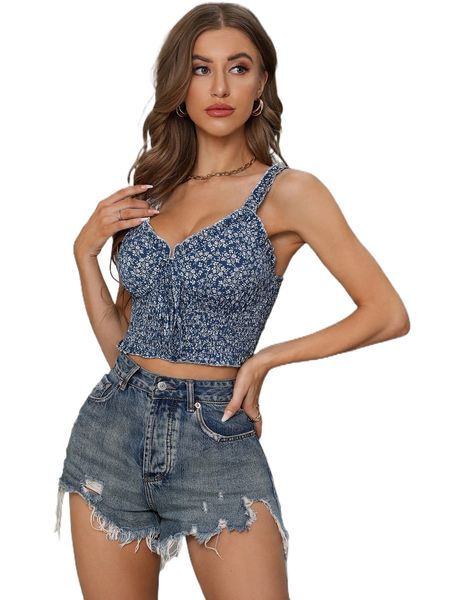 

ditsy floral knot front frill trim shirred detail crop cami 97rf#, White