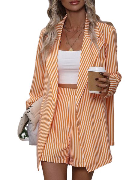 

striped print double breasted front blazer & shorts g6w5#, White