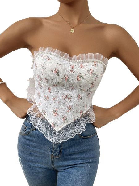 

floral print pearls beaded contrast mesh tie back tube b7sn#, White