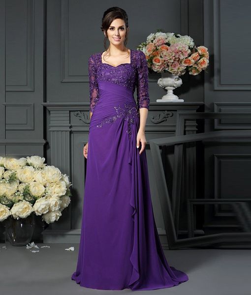 Purple 3/4 Mangas compridas Mãe de renda dos vestidos de noiva com vestidos de noite de chiffon da altura do piso para mulheres