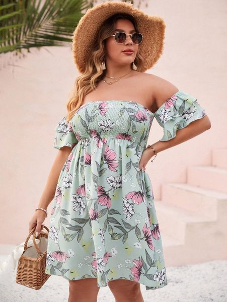 

plus floral print shirred off shoulder layered sleeve dress 0611#, Black