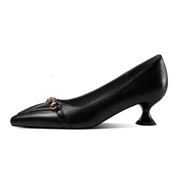 

dress shoes spring and summer women's shoes pointed thin heels middle metal simple cowhide commuting car sewing single 5tgf, Black