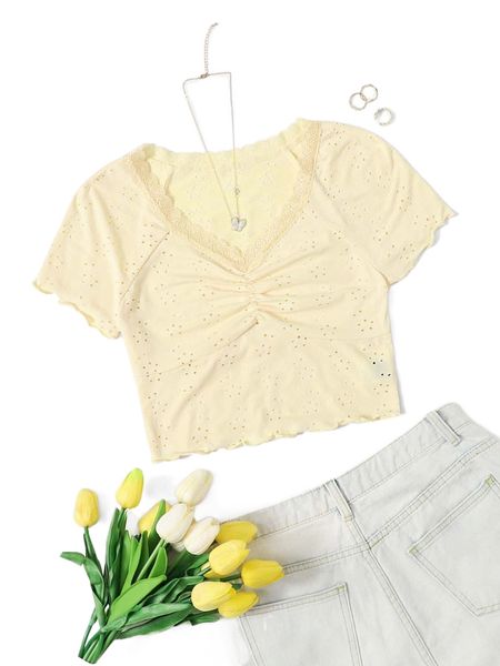 

plus lettuce trim ruched bust contrast lace crop tee 67un#, Black