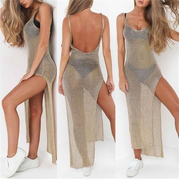 

women summer sunscreen sheer mesh bikini cover up metallic solid color backless high slit beach club party sleeveless dress 220526, White