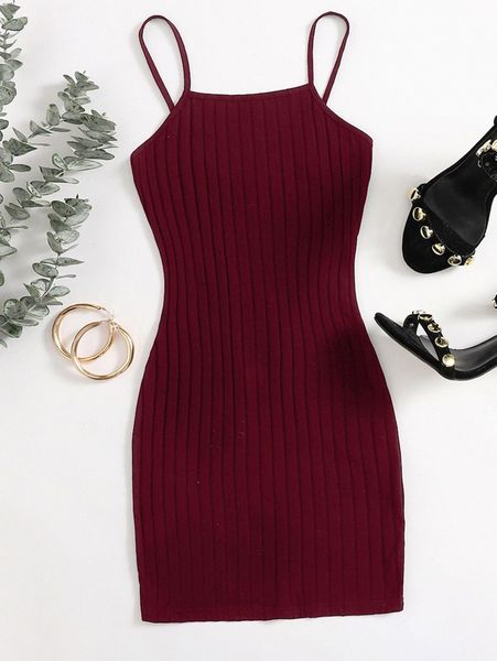 

plus solid rib-knit bodycon cami dress l3vf#, Black
