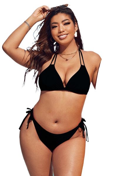 

plus knot side halter bikini swimsuit l45w#, White;black