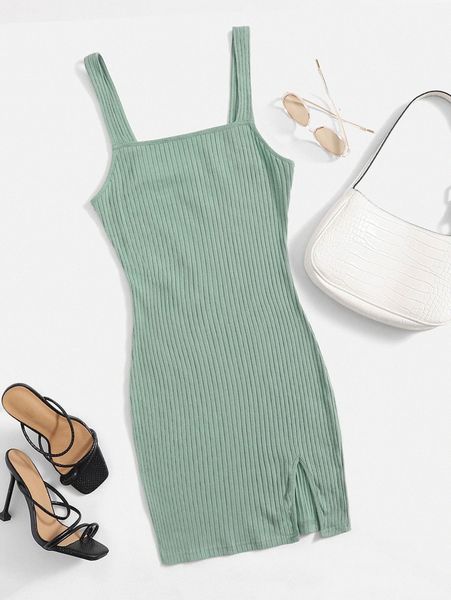 

plus rib knit split hem cami dress y93p#, Black