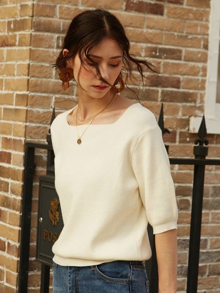 

knit mix rib knit square neck knit d5z0#, White;black