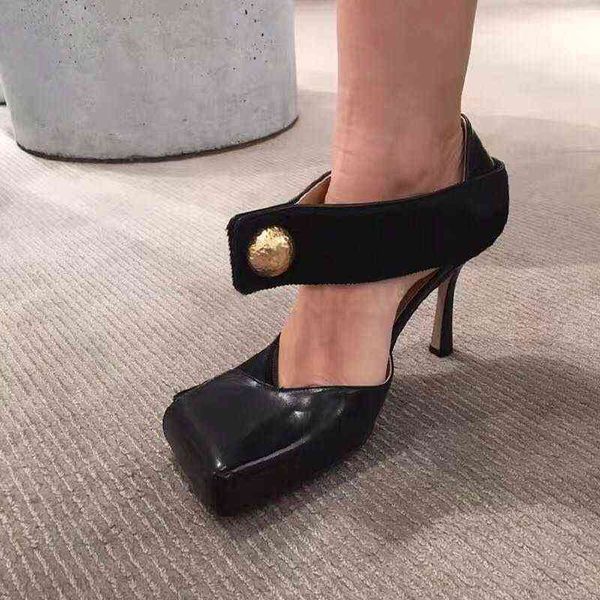 

2022 single shoe horse hair square head buckle show high-heeled sandals, Black