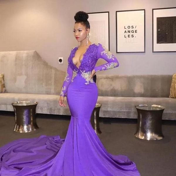 

africa light purple mermaid prom dresses deep v-neck beaded gold lace long sleeves black girl party dress evening wear robe, Black;red