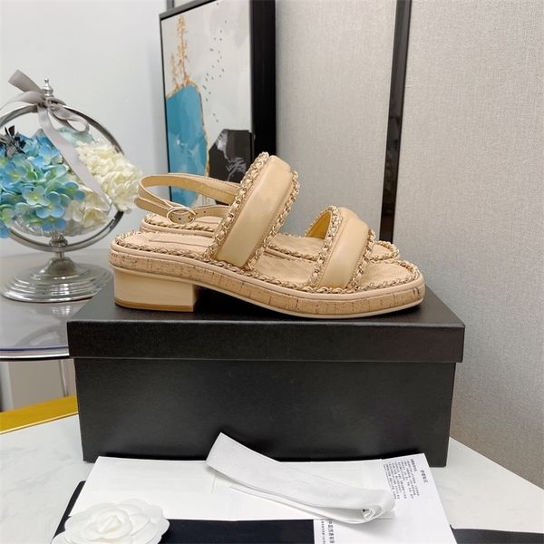 

30% off 2022 slippers women summer genuine leather platform sandals metal decoration chain low heels designer shoes sandalias size 35-41, Black