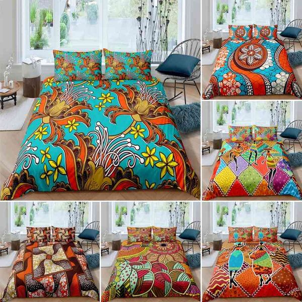 Rei Africano Rainha Duvet Capa Floral Vintage Bedding Conjunto Boho Ethnic Style Consol para adolescentes adultos mulheres têxteis domésticos