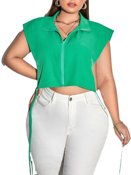 

plus batwing sleeve knot side zipper crop blouse e9ia#, Black