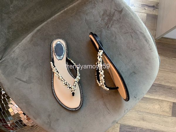 

slippers suede women's sandals flat bottom fashion flip flop clip toe pearl roman shoes, Black